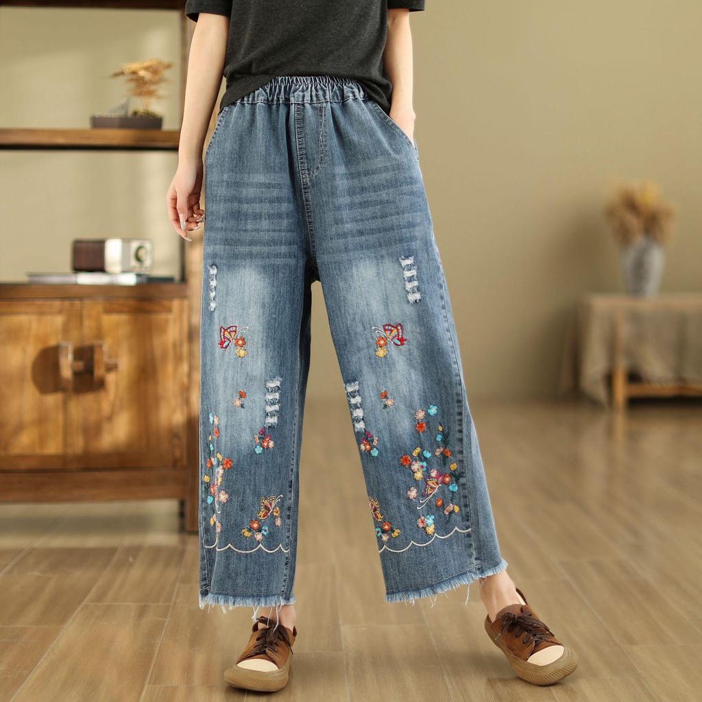 Women's High-Waist Wide-Leg Embroidered Jeans - Loose Fit, Raw Edge, Nine-Point Cotton, Plus Size, Casual Spring/Summer Pants