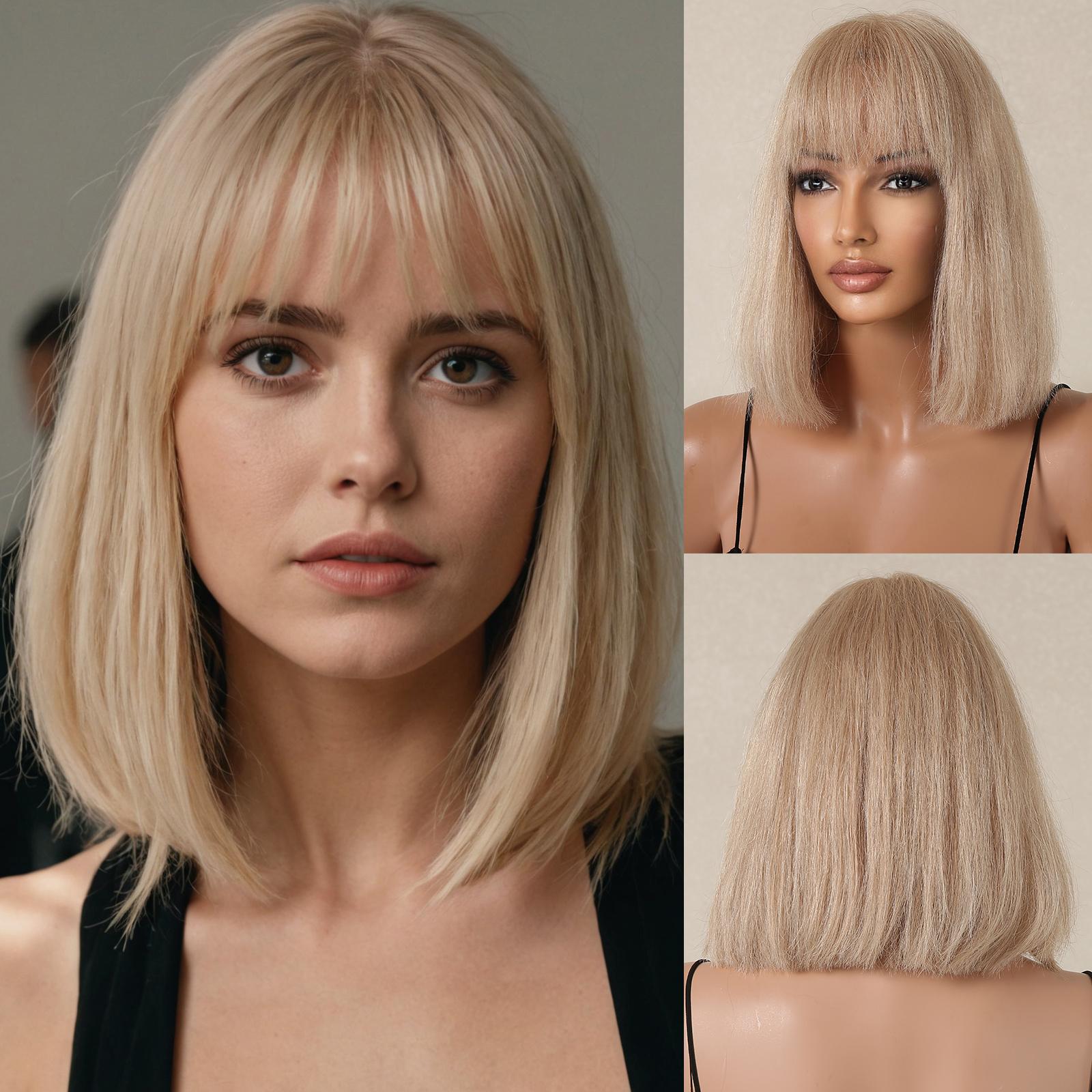 

Парик HAIRCUBE Ombre Blonde Bob из натуральных волос для женщин, прямые, короткие, машинной работы, с челкой, натуральный, 10-дюймовый, для ежедневного использования