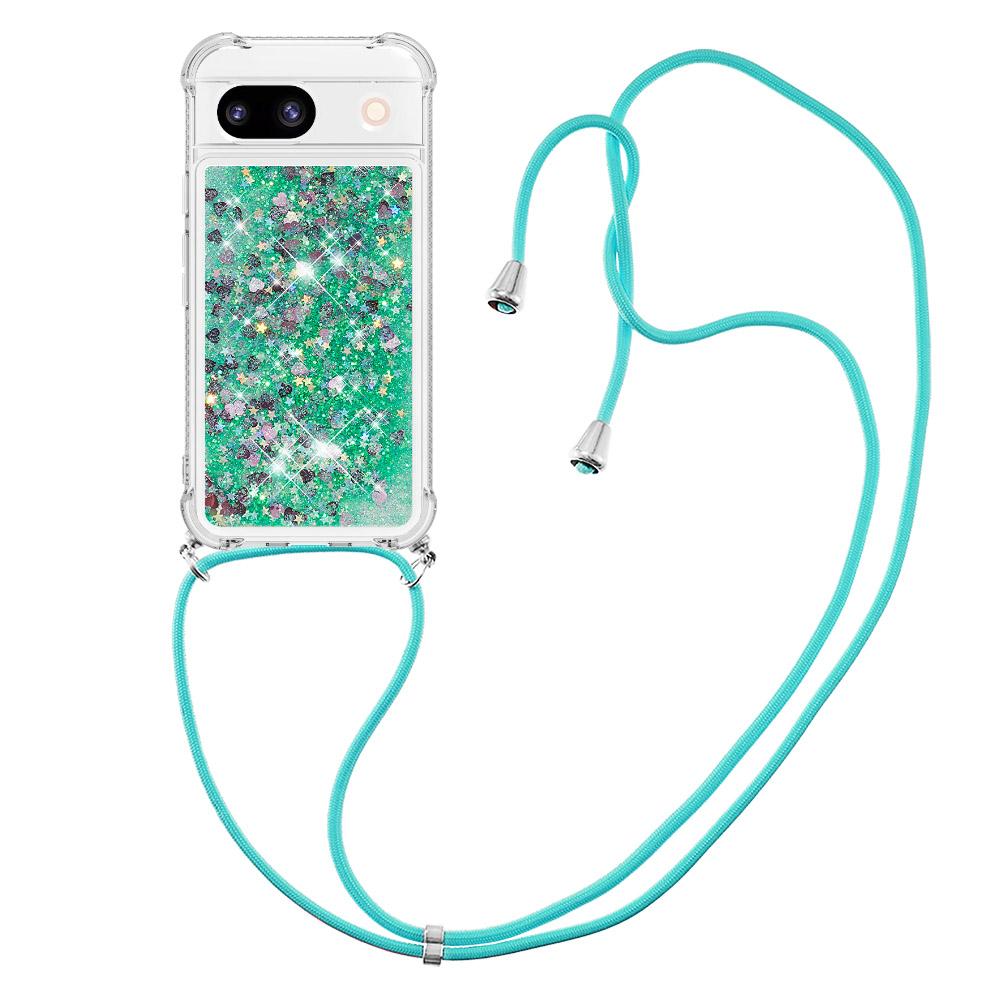 

Crossbody Lanyard Necklace Strap Glitter Case For Google Pixel 8 9 10 Pro XL 9 8 10 Pro 9A 8A 7A Quicksand Bling Floating Cover Case & Strap&Google Pixel 7a