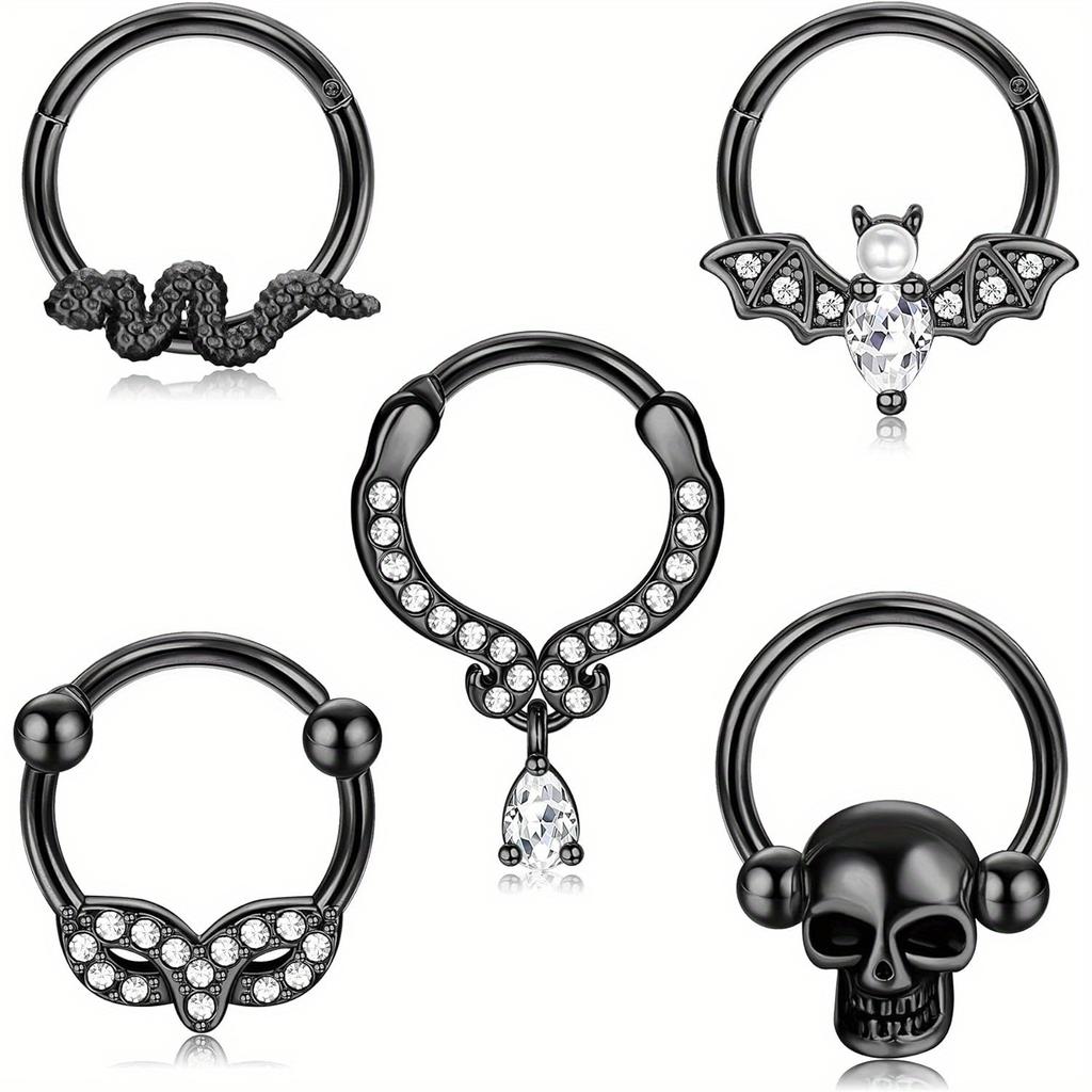 Bobisty 1Pc Stainless Steel Septum Ring Septum Jewelry Daith Piercing Jewelry Daith Earrings for Girls Septum Clicker Black
