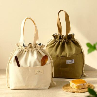 Drawstring Canvas Insulated Lunch Bag Thicken Aluminium Foil Thermal Bento Box Tote Cooler Handbags for Office Outdoor Picnic