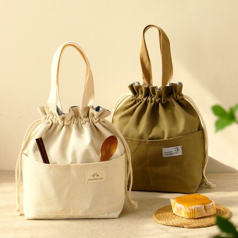 Drawstring Canvas Insulated Lunch Bag Thicken Aluminium Foil Thermal Bento Box Tote Cooler Handbags for Office Outdoor Picnic