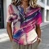 Damen Henley-Shirt mit kurzen Ärmeln Knopfleiste Leinen-Baumwollmischung Lässige bedruckte Bluse Leichtes Sommeroberteil