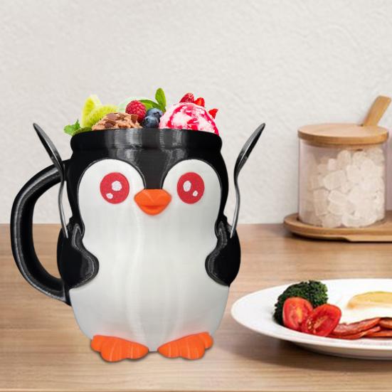 Ice Cream Pint Holder 3D Printed Penguin Ice Cream Pint Cozy with Handle And Spoon Leak Proof Popsicle Cozy Beer Can Cup Sleeve