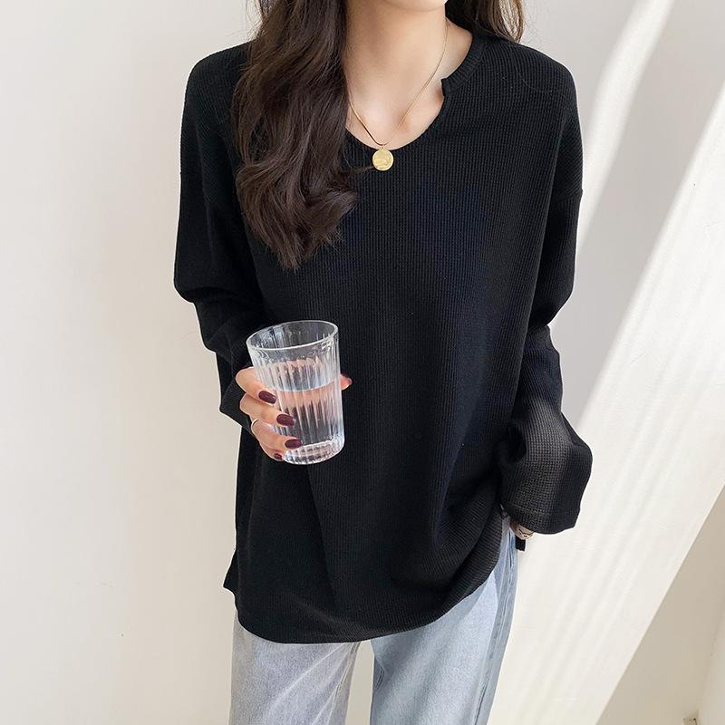 Ocazional, vafre, carouri, tricouri pentru femei, primăvară, vară, mâneci întregi, cu decolteu în V, tricouri pentru femei, maiuri