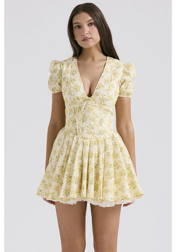 2026 Floral Puff Sleeve Summer Dress – Sweet French Style with Cinched Waist and A-line Skirt.