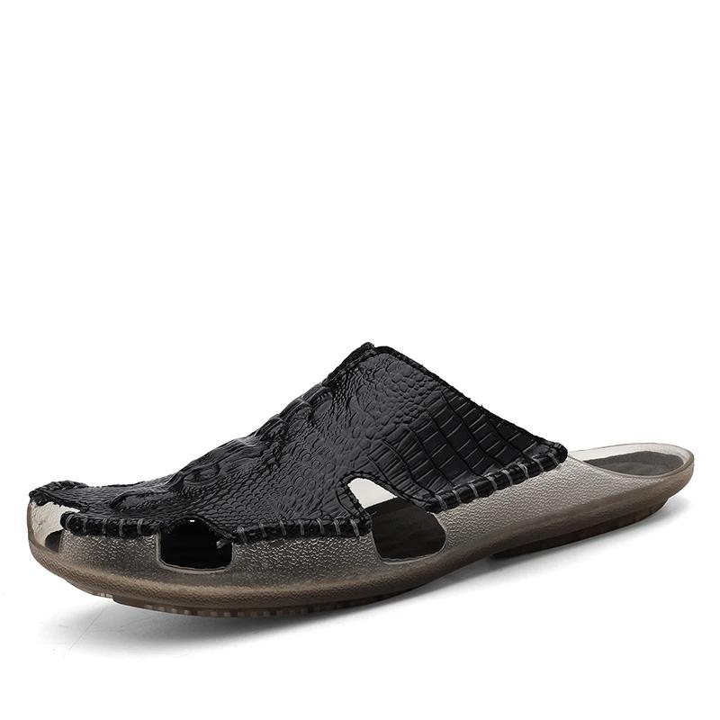 Fashion Crocodile Pattern Men's Summer Flats Breathable Sandals Male Leather Slippers Comfortable Slip-on Half Shoes Cool Casual Slides