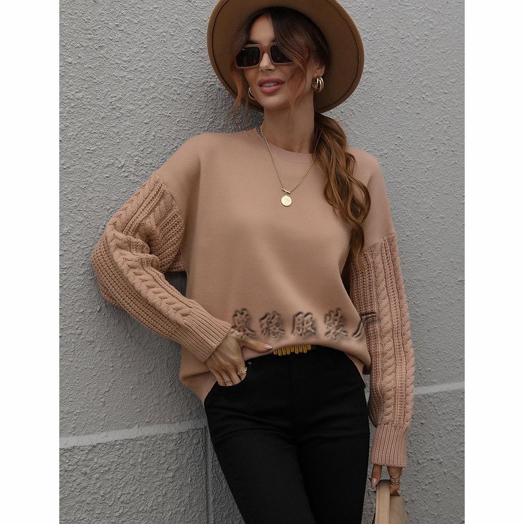 Pulover Tricotat Culoare Solidă European și American Toamnă și Iarnă Mânecă Lungă Ață Groasă Gât Rotund Top Pulover cu Romburi pentru Femei