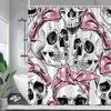 Floral Skull Shower Curtains Pink Flowers Skeleton Watercolour Art Funny Halloween Bath Curtain Fabric Bathroom Decor with Hooks
