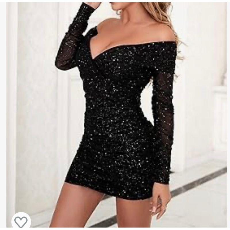 

Export Single Li * Home Sexy Sexy Glitter off-Shoulder Collar Long Sleeve Narrow Ruched Elegant Elegance Dress Black(With chest pad) M(10)