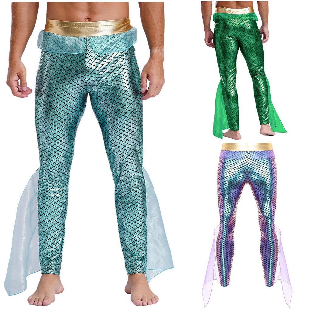 Mermaid King Costume Pants - Men's Metallic Leggings with Elastic Waist, Fishscale Design for Cosplay