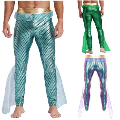 Męskie Spodnie Kostium Syreny Elastyczny Pas Metaliczne Błyszczące Legginsy z Nadrukiem Łusek Rybich Halloween Cosplay Rajstopy