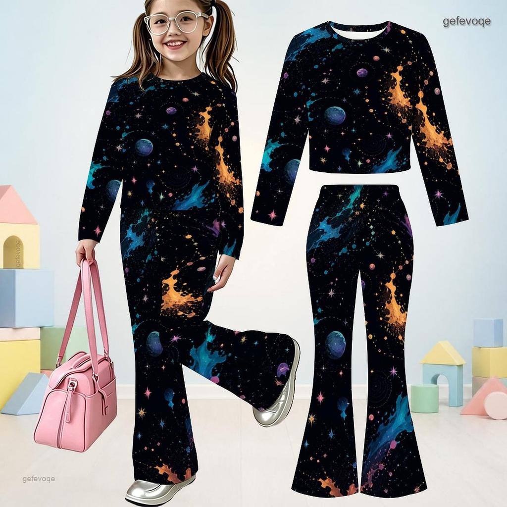 Jenter Rund Hals Lang Erme Trykt Croptop Vide Bukser To Delt Sett