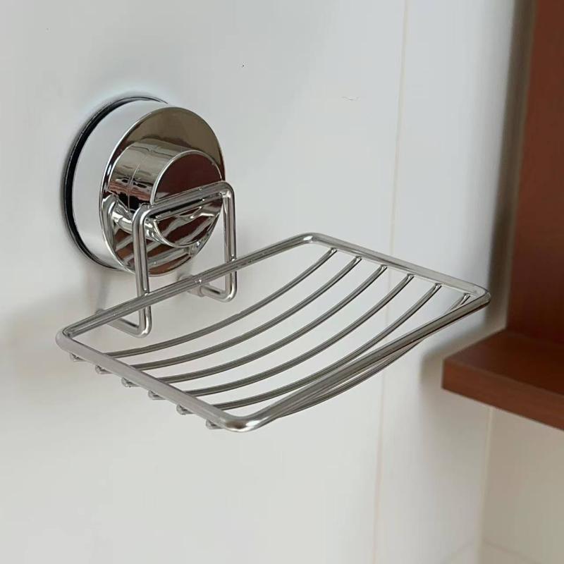 Suction Cup Soap Dish No Drill Wall Mounted Drainage Rack Bathroom Soap Holder Stainless Steel Grid Organizer For Home Bathroom