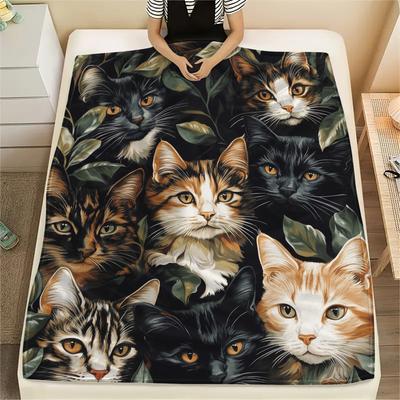 Katt med fläckar och växter mönster Flanellduk, Hög kvalitet Bekväm för alla årstider, Heminredning, Värme och Komfort, Perfekt för presenter.