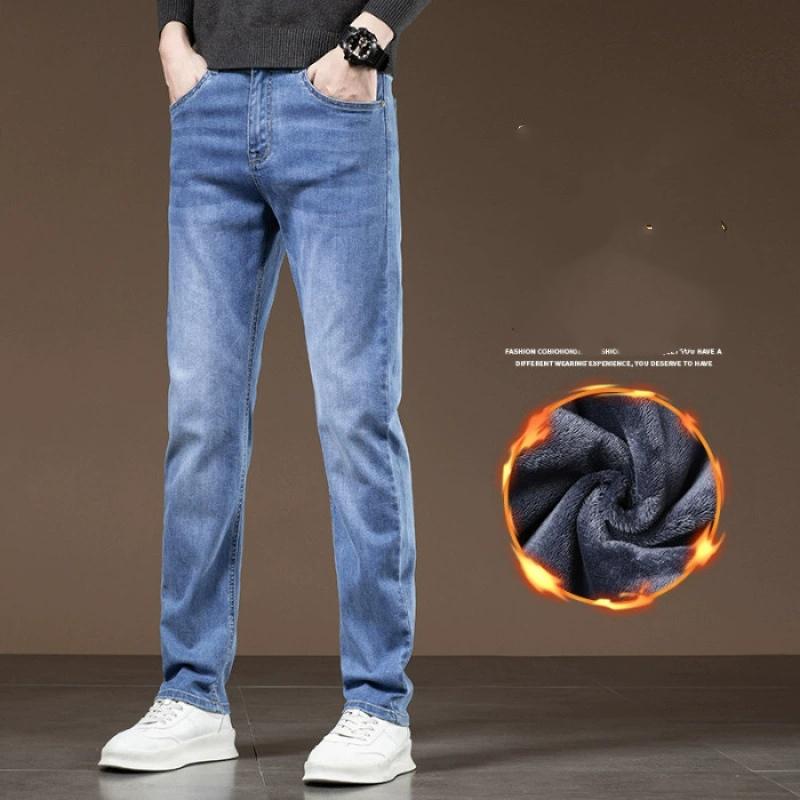 Winter Fleece Jeans Men's Fashion Elastic Slim Straight Warm Trousers Thicken Business Casual Korean Thermal Denim Pants