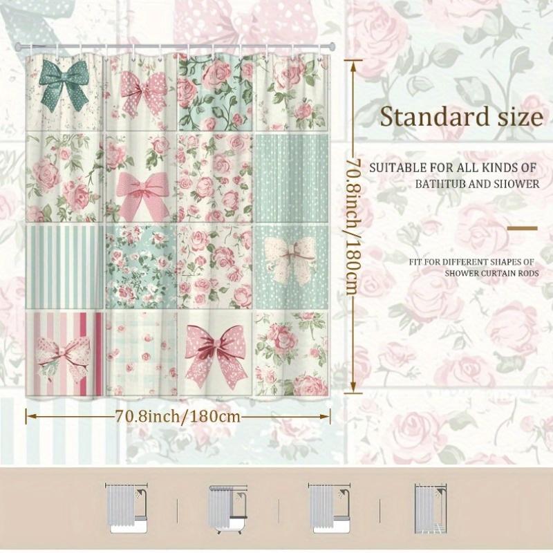 1 Stück Blumen- & Pünktchen-Duschvorhang - Rosa Rosen & Grüne Blätter, Pastell-Design, Polyester, 12 Haken, Badezimmer-Dekoration