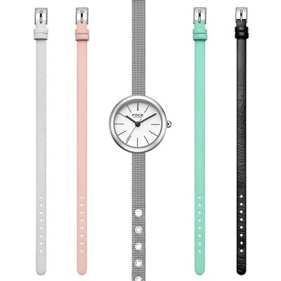 [FOCE LADY] FOCE LADY Damen-Armbanduhr mit Netzarmband und Lederarmband 5-teiliges Set FM2012WH-SET
