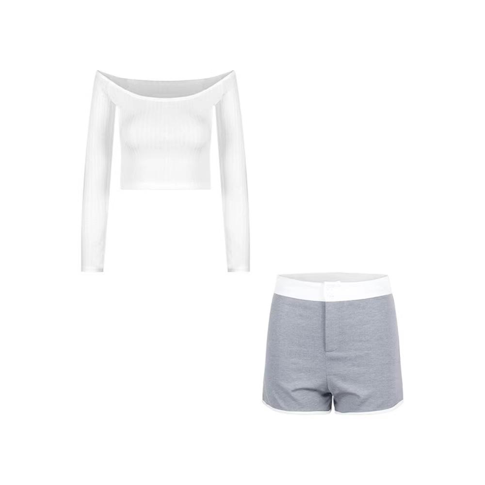 One-word shoulder white long-sleeved slim-fit T-shirt for women's spring spice, sexy tight-fitting elastic inner with short open-button top