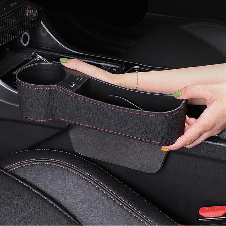 Pgrade Storage Box Car Seat Gap Organizer Pocket PU Leather Auto Seat Side Slit Accessories With 12/24V Cigarette Lighter Drive