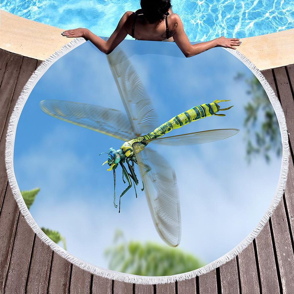 Dragonfly Round Beach Towel,Absorbent Quick Dry Sand Free Lightweight Travel Bath Towels,Round Throw Blanket for Swim Pool Gym