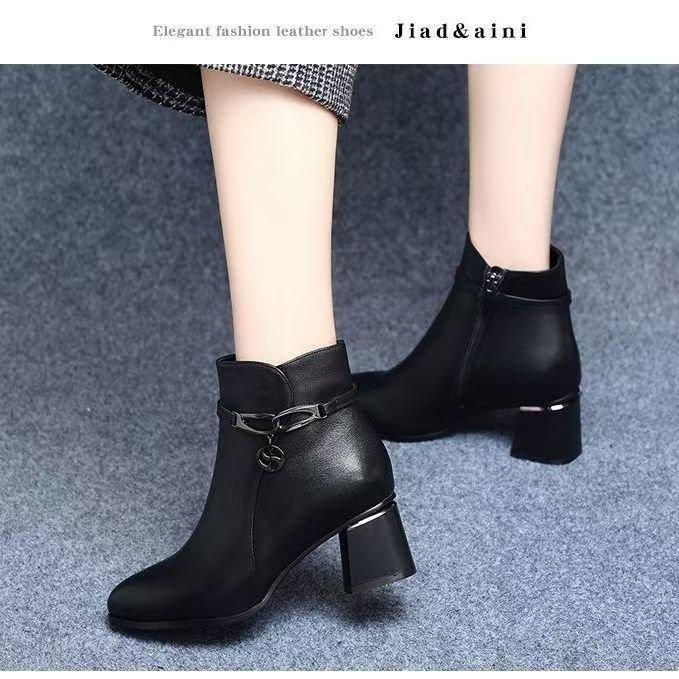 Martin Boots New Autumn and Winter Thick Heel Medium Heel Shoes Short Boots High Heel Single Boots Winter Velvet