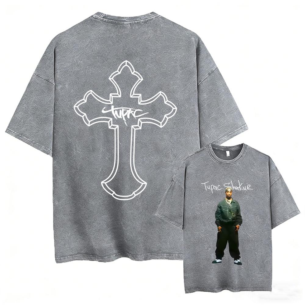 Rapper Tupac 2pac All Eyez On Me Cross Vintage Washed T Shirt Men Hip Hop Fashion Retro Tshirt Mens Casual Oversized Tshirts