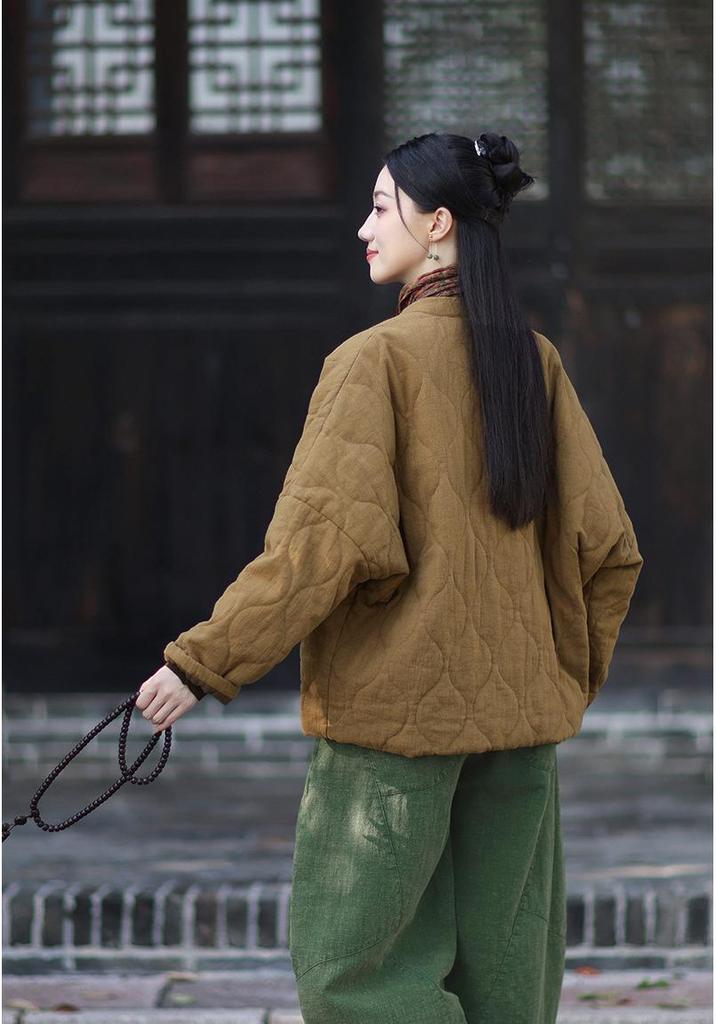 Women's Winter Ramie Quilted Jacket, Retro Stand Collar, Frog Closure