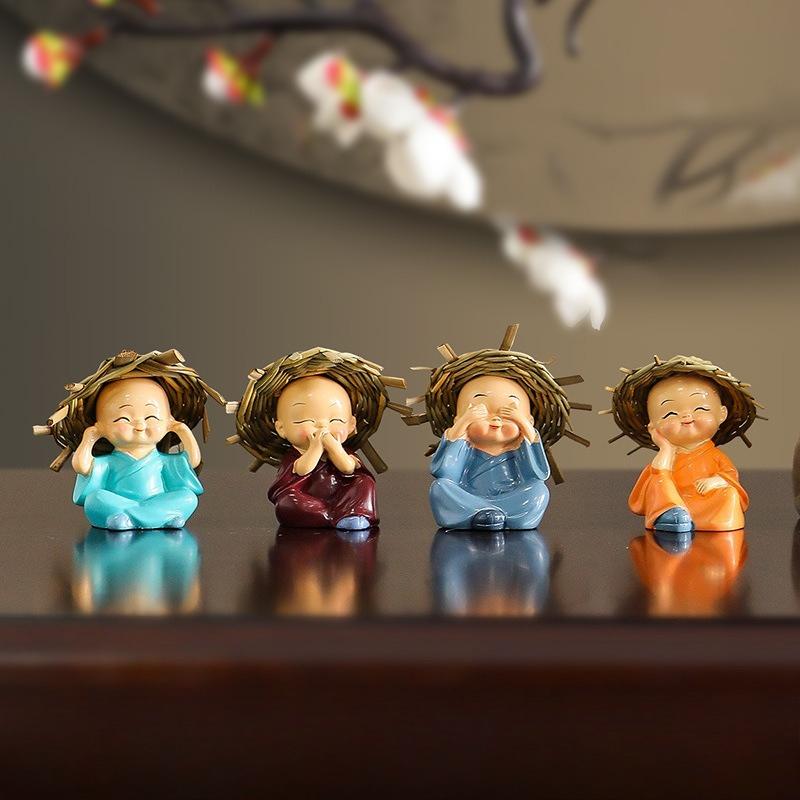 4Pcs/set New Chinese Zen Four No Small Monk Home Ornaments Small Novice Doll Office Desktop Knickknacks