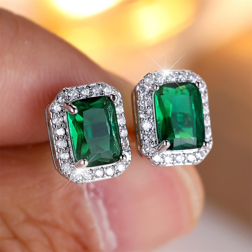 Green Zircon Luxury Crystal Square Stone Small Stud Earrings For Women Vintage Silver Color Versatile Jewelry Wedding Party Gift