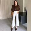 Autumn new white denim nine-point slim-fit flared pants women's leather brand black apricot