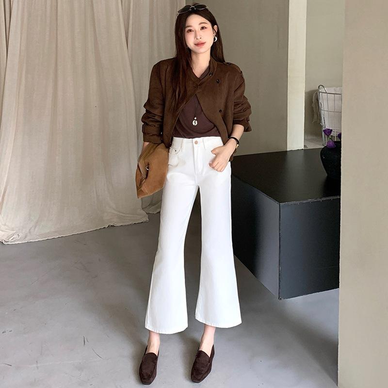 Autumn new white denim nine-point slim-fit flared pants women's leather brand black apricot