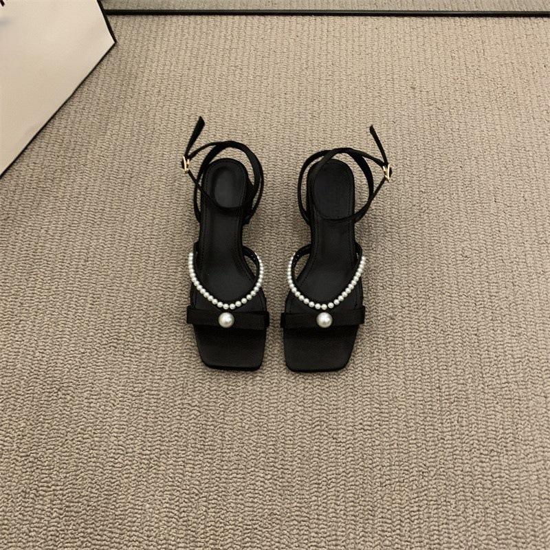 Coarse Heel Open-toed Versatile Sandals Women's Shoes Trendy Pearl Shoes
