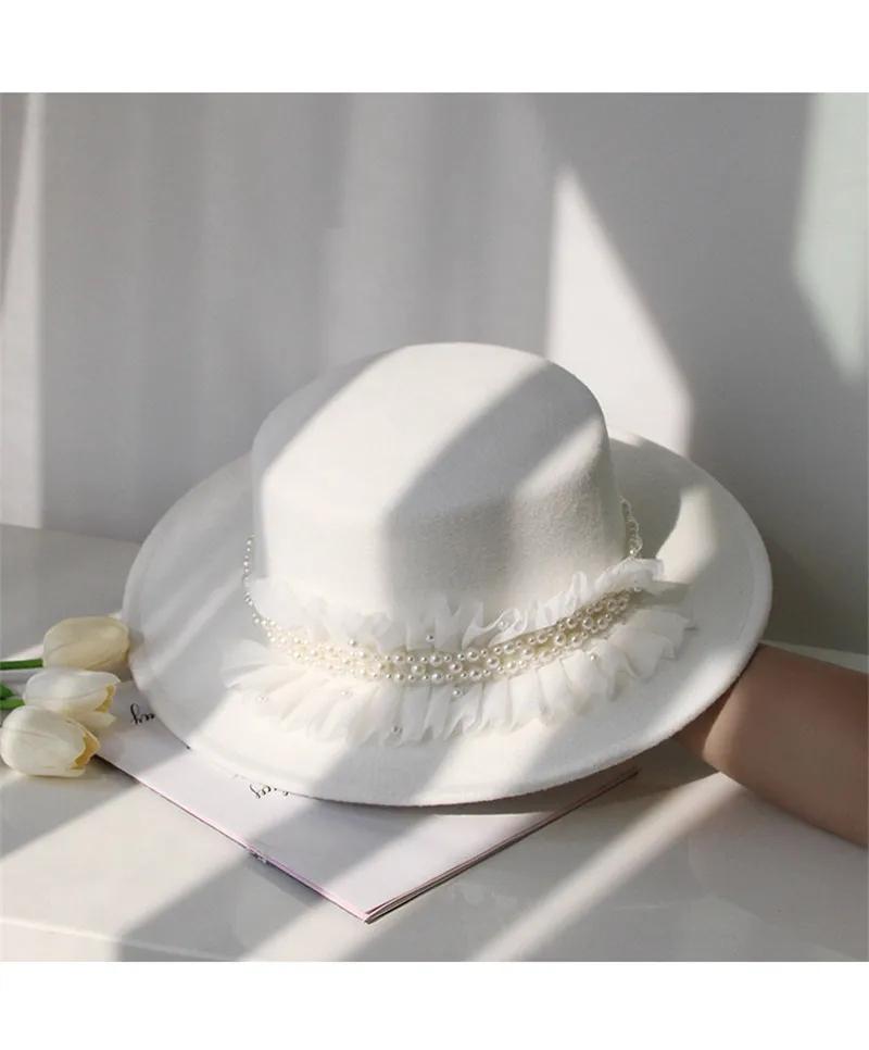 

202603-shi ins chic spring polyester Independent design white Lace Pearl fold ribbon lady fedoras cap women panama jazz hat head size 57cm білий