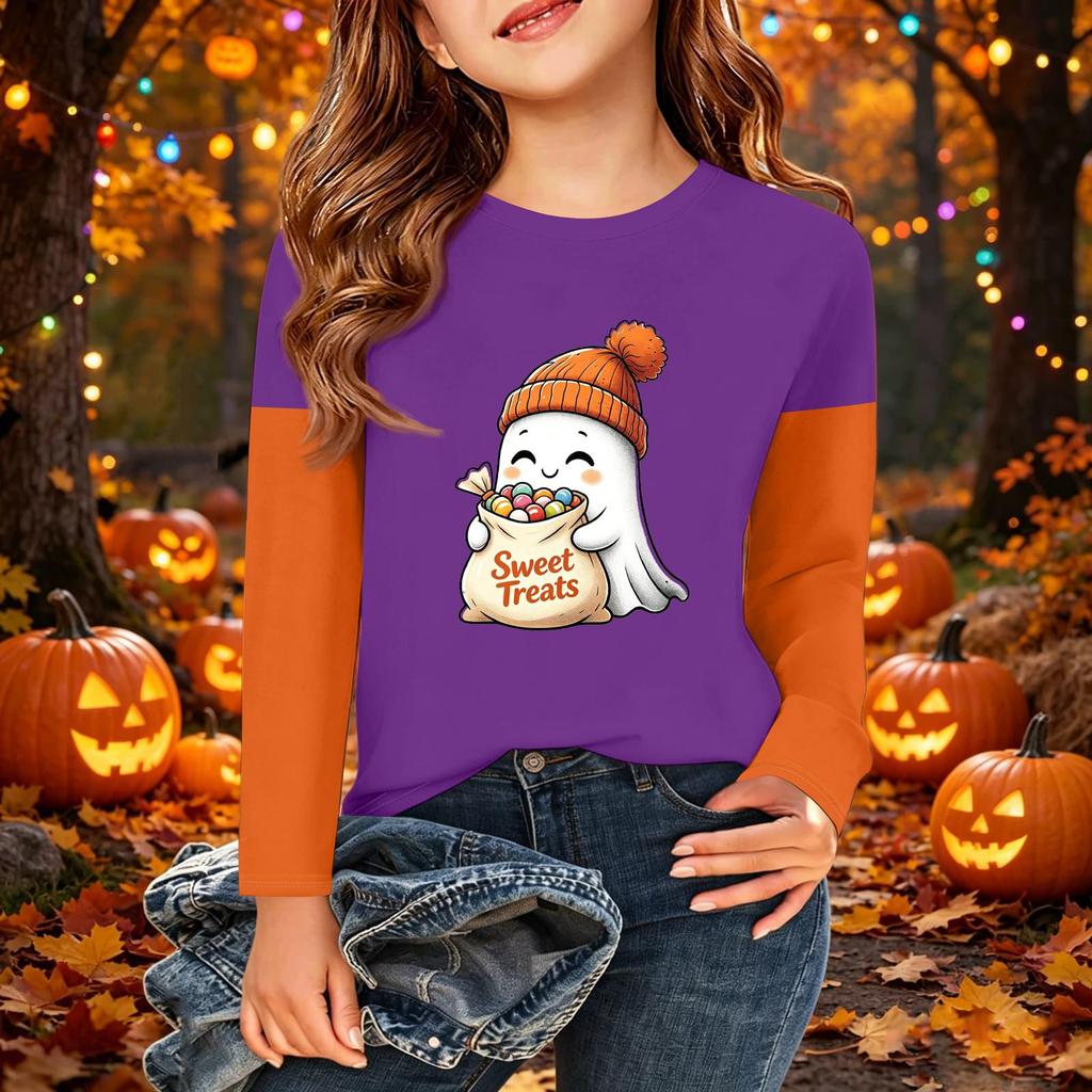 Kids Halloween Print Long Sleeve Neck T-Shirt Casual Top for Boys Girls