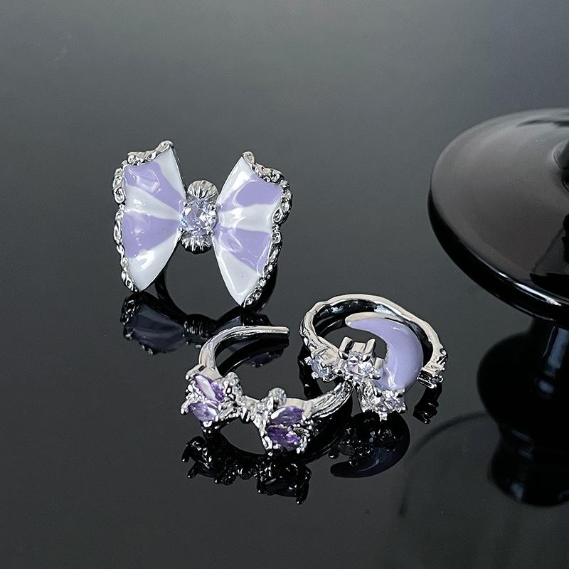 New Butterfly Purple Series Zircon Moon Open Ring Niche Design Drip Glaze Personalized Sweet Cool Wind Ring Woman