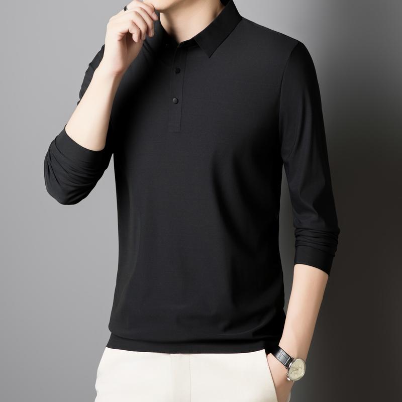 Solid Color Lapel Ice Silk Polo Shirt Long Sleeve Men's Spring and Autumn Traceless Business Casual Quick-drying Long Sleeve Top