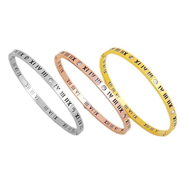 Roman Numeral Rhinestone Bangle Titanium Steel Fade Resistant Bracelet for Women Minimalist Luxe Gift for Friends