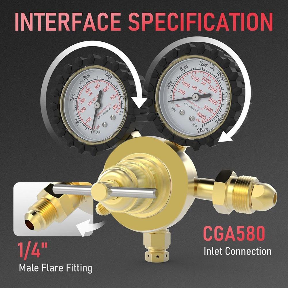 BHBL Nitrogen Regulator+Hose,0-800 PSI and 0-4000PSI Output Pressure,CGA580 Inlet Connection and 1/4in Male Flare Fitting
