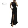 Lady Slit Hem Dress Evening Pleated Floor Length Solid Color Rhinestone Decor Sleeveless Round Neck High Waist Prom Cocktail Party Maxi Women Gown