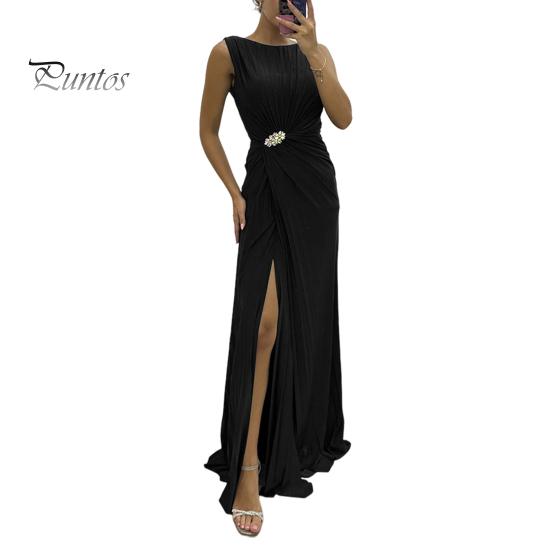 

Женское вечернее платье с плиссировкой и разрезом по низу, длиной до пола, однотонное, со стразами, без рукавов, с круглым вырезом, с высокой талией, со стразами, для выпускного вечера, коктейльной вечеринки L чёрный