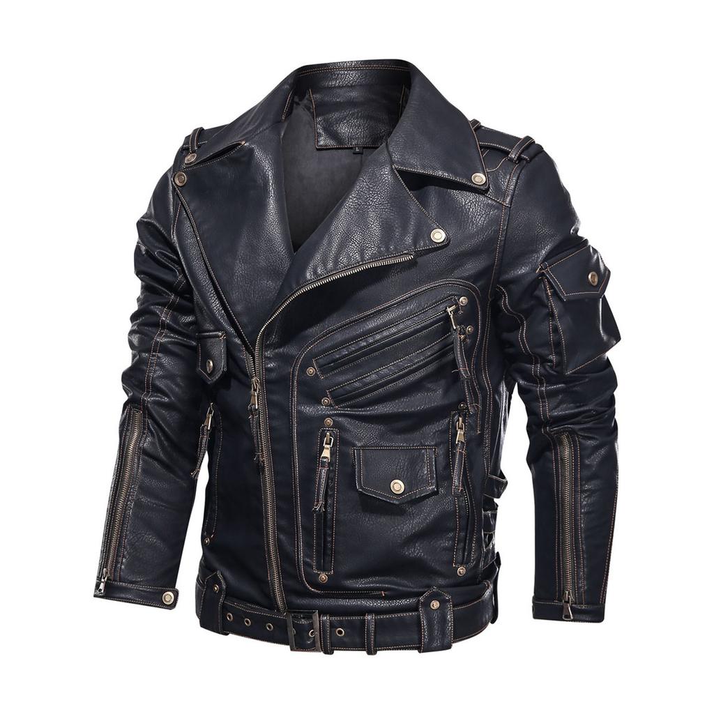 European and American locomotive PU leather jacket multi-pocket zipper leather jacket men's autumn and winter punk jacket European size