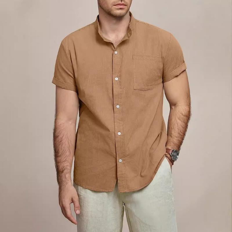 Men Stand Collar Short Sleeve Linen Shirt Full Button Down Chest Pocket Solid Casual Blouse
