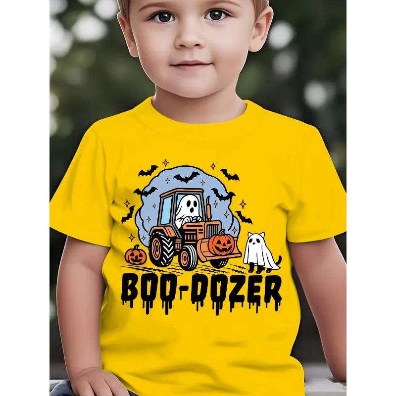 

European Size Boys Round-neck Short-sleeved T-shirt with Cartoon Ghost Bat and Pumpkin Pattern Print 98cm жёлтый