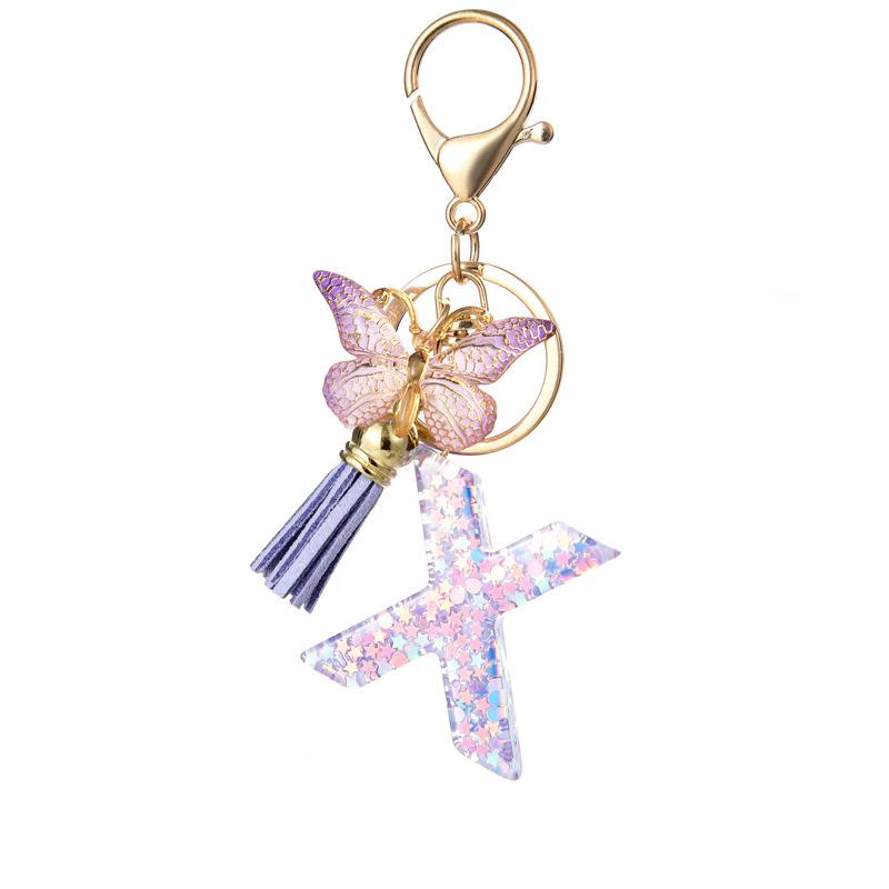 A-Z Alphabet Resin Keychain Purple Butterfly Tassel Pendant Classic Retro Durable Women Bag Accessory Practical Backpack Hanging Charm