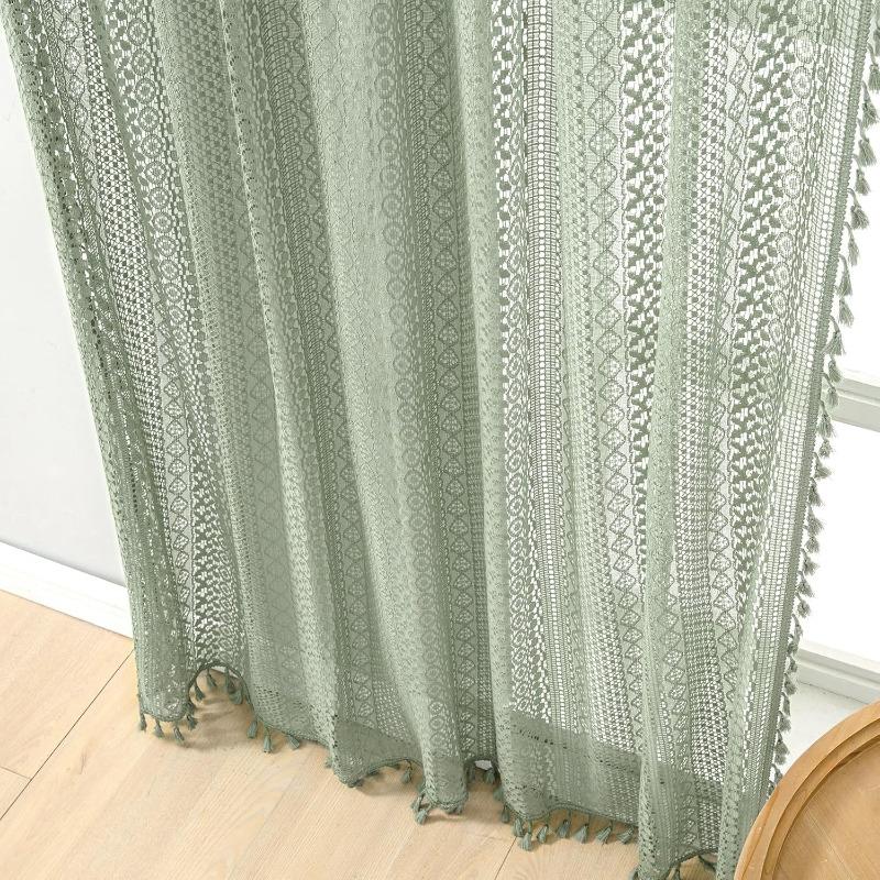 Cremefarbene Vintage-Vorhänge Boho-Vorhänge für Schlafzimmer 1 Stück, Bauernhaus Böhmische Dekoration Häkelspitze Transparent Sichtschutz Lichtdurchlässig mit Quasten Lange Fenstervorhänge Stangentasche
