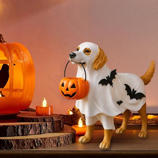 Helovino ornamentas Šuo laikantis moliūgo dubenį Vaiduoklio statulėlė Ekscentriška naminio gyvūno figūrėlė Vidaus lauko dekoracija