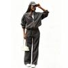 2026 European and American color matching sports suit women's stand-up collar zipper loose jacket wide-leg sweatpants two-piece set