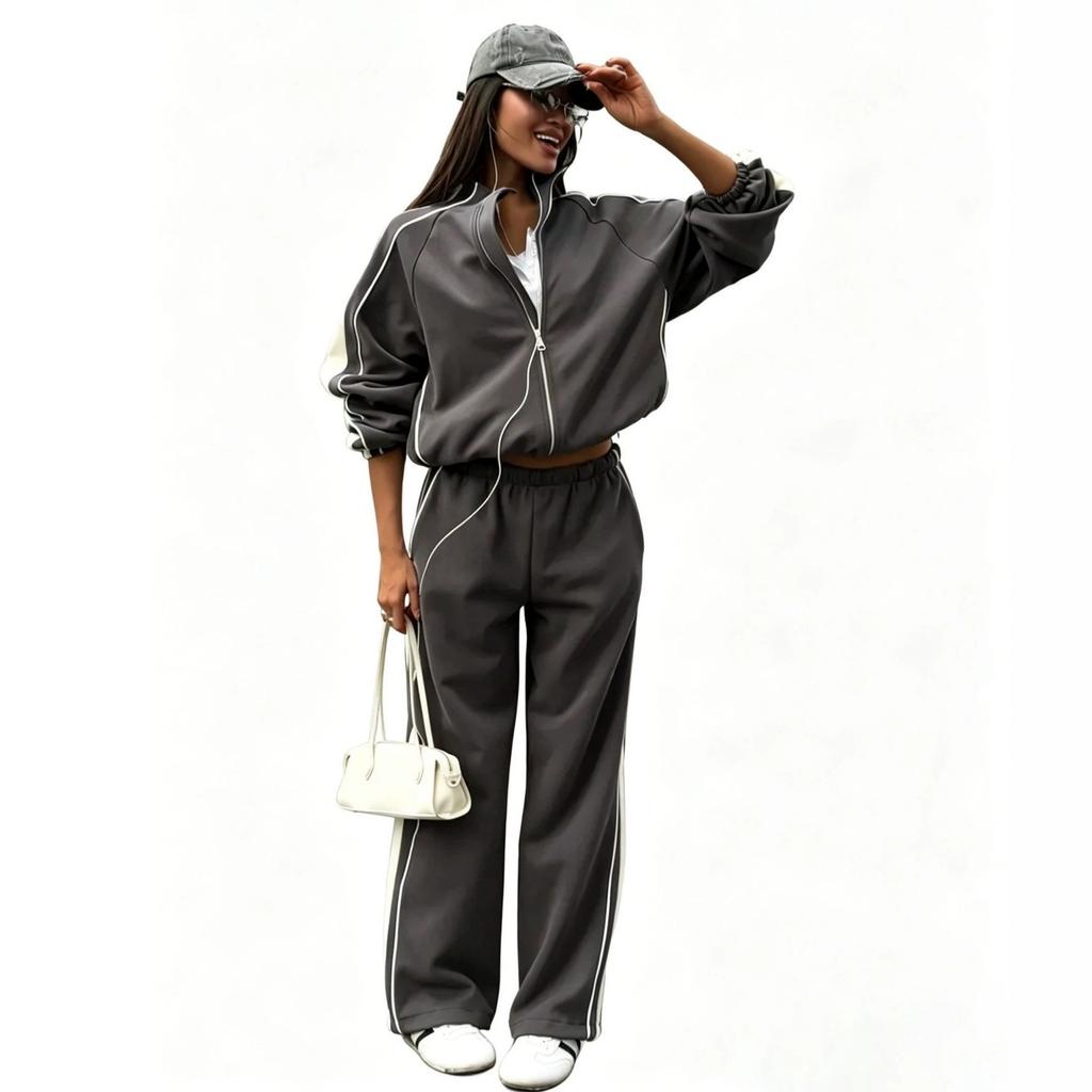 2026 European and American color matching sports suit women's stand-up collar zipper loose jacket wide-leg sweatpants two-piece set