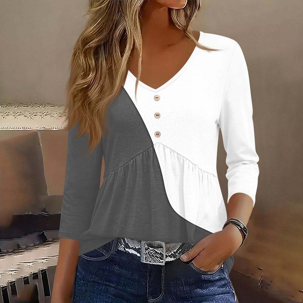 Women’s 3/4 Sleeve V Neck Button Decor Top with Geometric Print Casual Loose Fit Blouse for Daily Wear